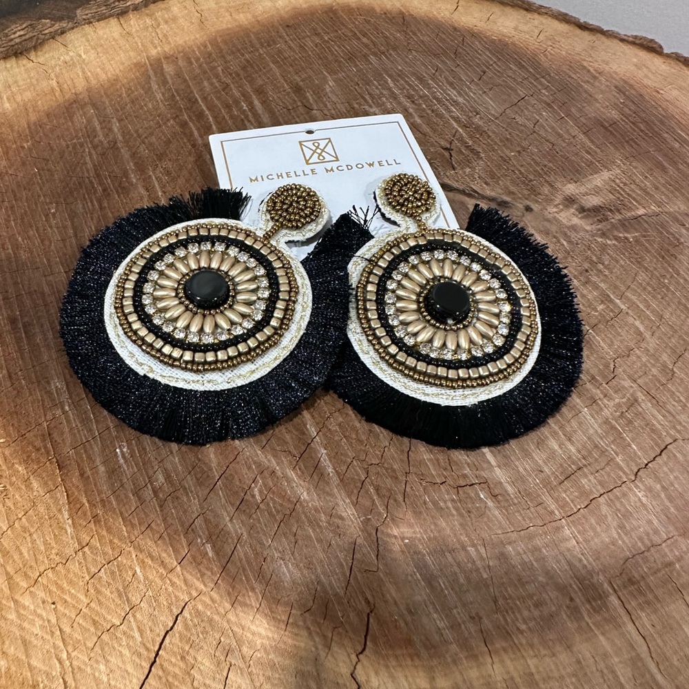 Michelle McDowell Black & Gold Beaded Fringe Statement Earrings